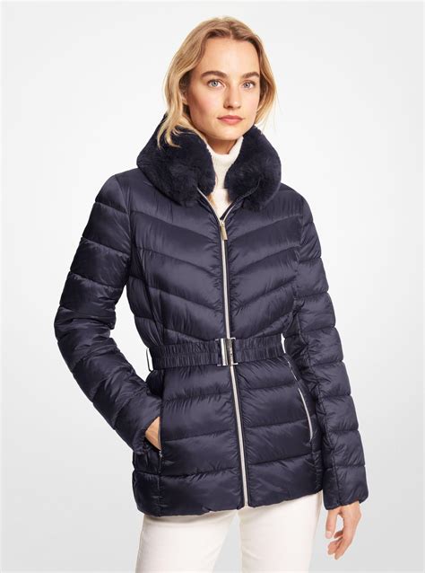 michael kors fauz fur puffer trim coat|Michael Kors navy puffer coat.